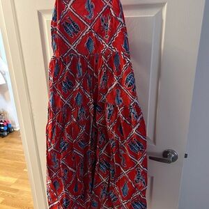 J. Crew Red Tiered Midi Dress with Blue and White Nautical Print